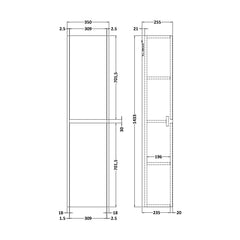 [BFED2262] Square Wall Hung 2 Door Tall Bathroom Unit, 350mm - Woodgrain Graphite Grey - Technical Drawing