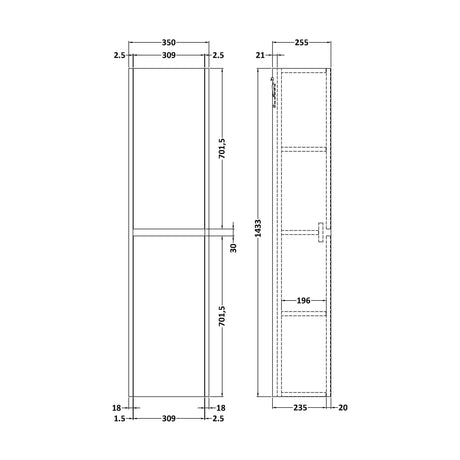 [BFED2262] Square Wall Hung 2 Door Tall Bathroom Unit, 350mm - Woodgrain Graphite Grey - Technical Drawing