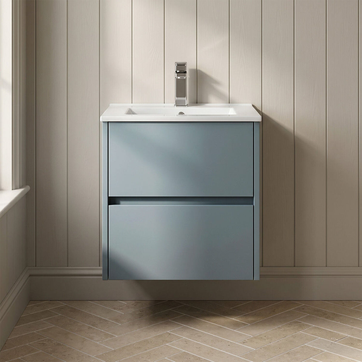 [BFED2302B] Chartley Contemporary 2 Drawer Wall Hung Vanity Unit with Minimalist Basin, Choice of Size and Colour - Silo