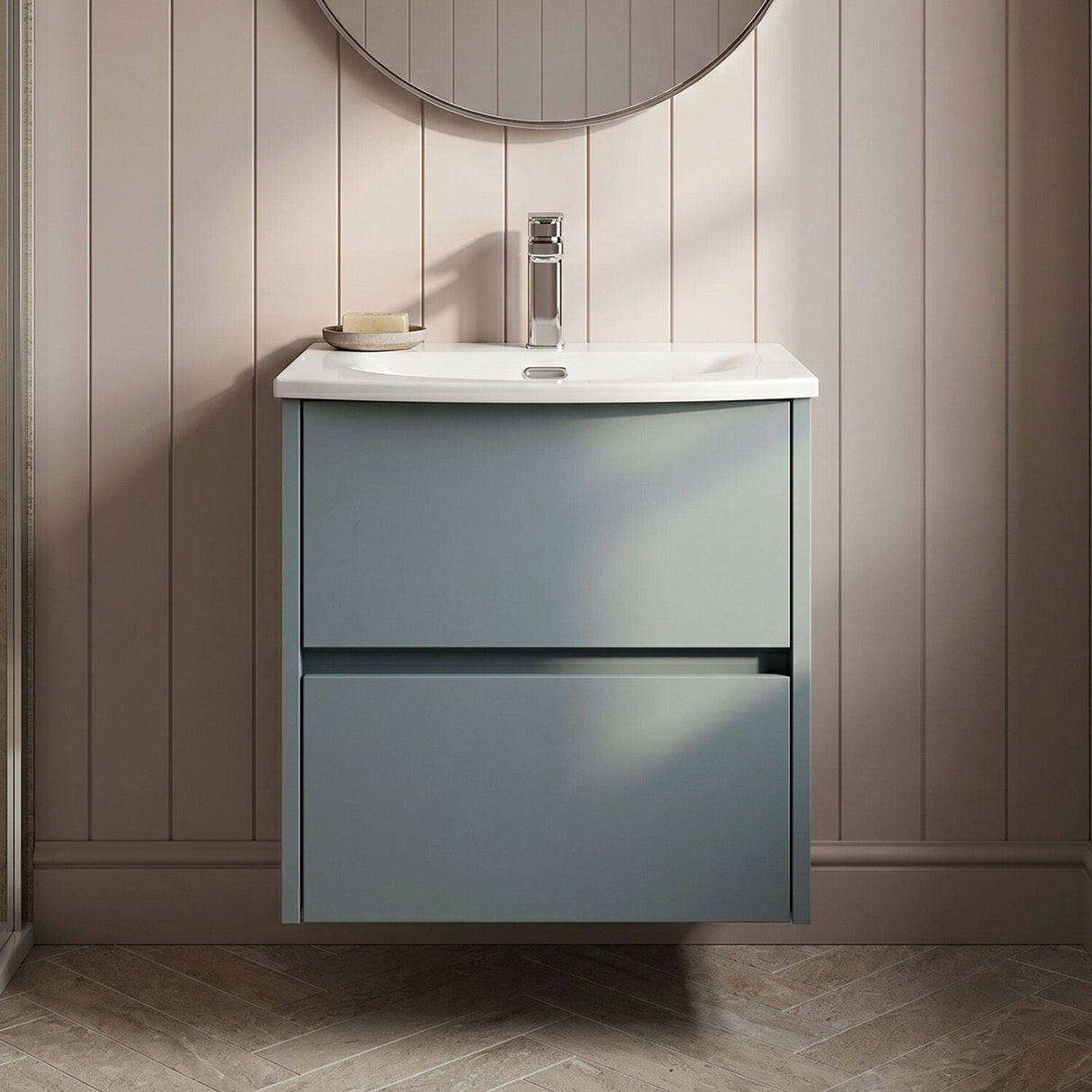 [BFED2302G] Chartley Contemporary 2 Drawer Wall Hung Vanity Unit with Curved Basin, Choice of Size and Colour - Silo