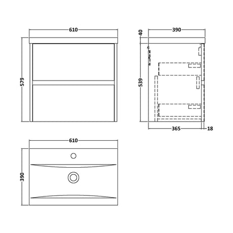 [BFED2304A] Square Wall Hung 2 Drawer Vanity Unit & Ceramic Basin, 600mm - Matt Coastal Grey - Technical Drawing
