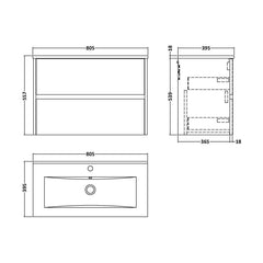 [BFED2306B] Chartley Contemporary 2 Drawer Wall Hung Vanity Unit with Minimalist Basin, Coastal Grey, 800mm - Technical Drawing