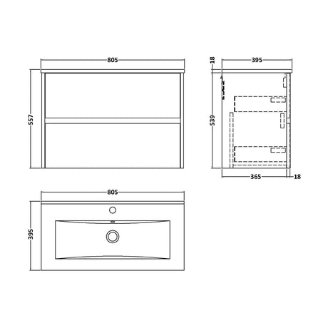 [BFED2306B] Chartley Contemporary 2 Drawer Wall Hung Vanity Unit with Minimalist Basin, Coastal Grey, 800mm - Technical Drawing
