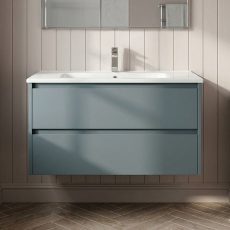 [BFED2306B] Chartley Contemporary 2 Drawer Wall Hung Vanity Unit with Minimalist Basin, Choice of Size and Colour - Silo