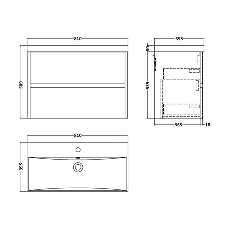 [BFED2306D] Chartley Contemporary 2 Drawer Wall Hung Vanity Unit with Thin Edge Basin, Coastal Grey, 800mm - Technical Drawing