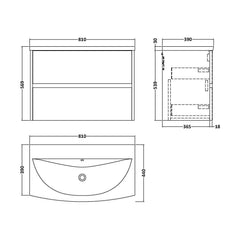 [BFED2306G] Chartley Contemporary 2 Drawer Wall Hung Vanity Unit with Curved Basin, Coastal Grey, 800mm - Technical Drawing