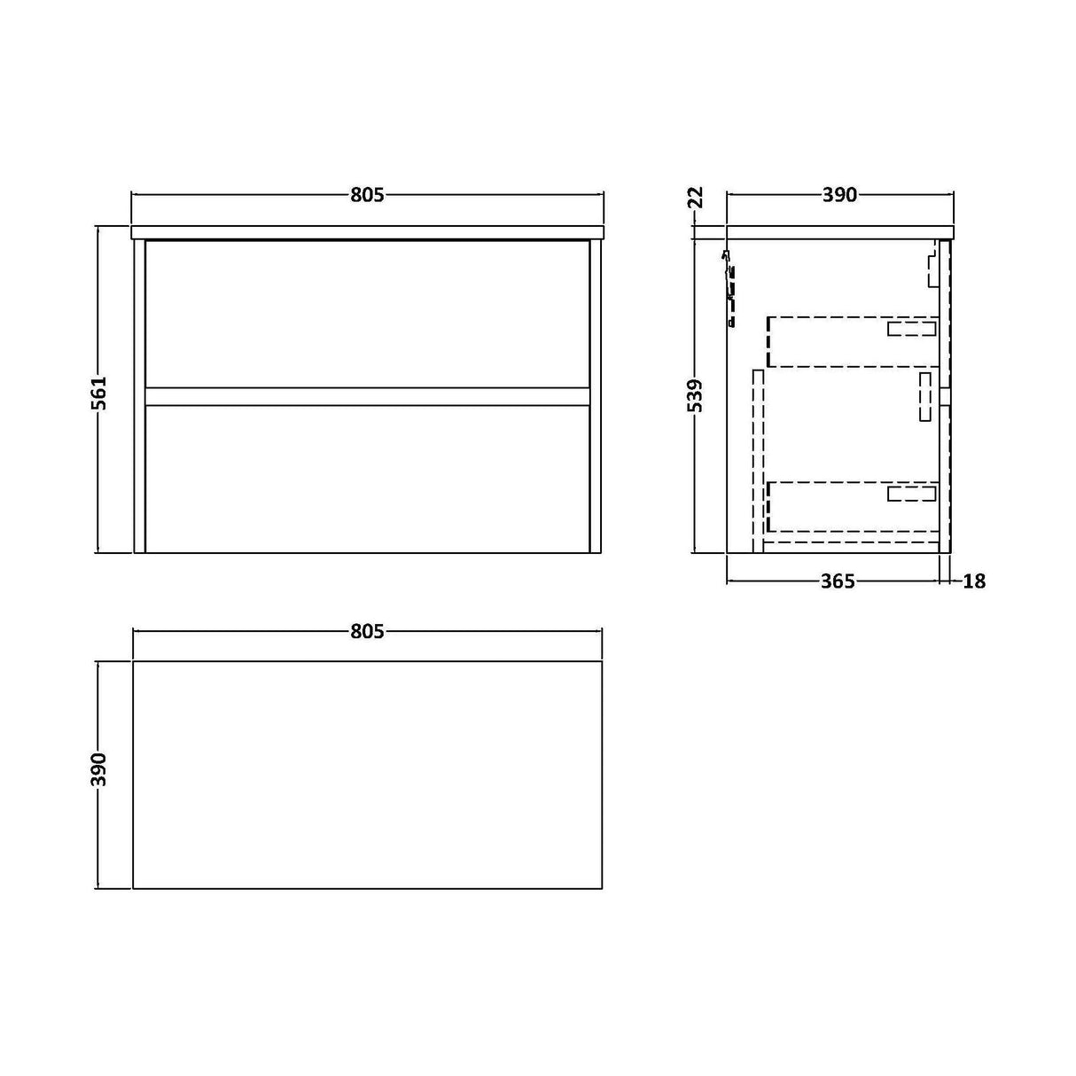[BFED2306LBG] Chartley Contemporary 2 Drawer Wall Hung Vanity Unit with Laminate Worktop, Coastal Grey, 800mm - Technical Drawing