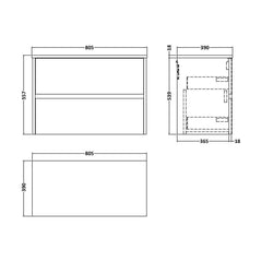 [BFED2306W] Chartley Contemporary 2 Drawer Wall Hung Vanity Unit with Worktop, 800mm - Technical Drawing