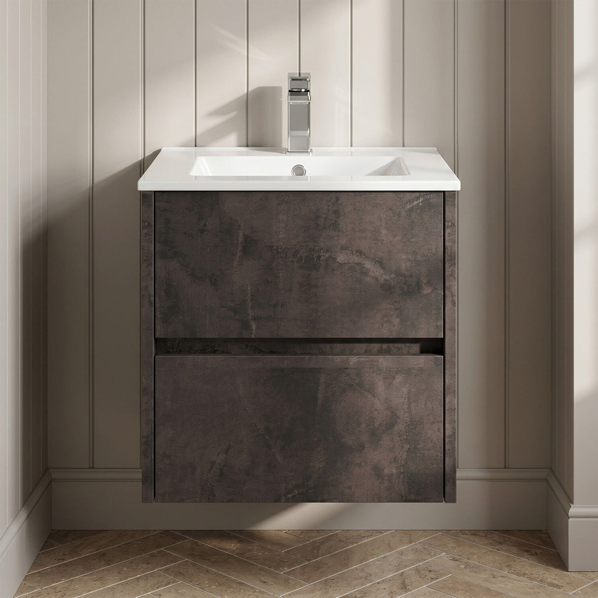 [BFED2602B] Chartley Contemporary 2 Drawer Wall Hung Vanity Unit with Minimalist Basin, Choice of Size and Colour - Silo