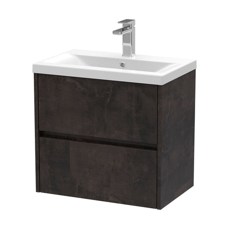 [BFED2604A] Square Wall Hung 2 Drawer Vanity Unit & Ceramic Basin, 600mm - Textured Matt Metallic Slate - Cutout