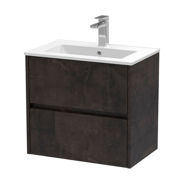 [BFED2604B] Chartley Contemporary 2 Drawer Wall Hung Vanity Unit with Minimalist Basin, Metallic Slate, 600mm - Cutout