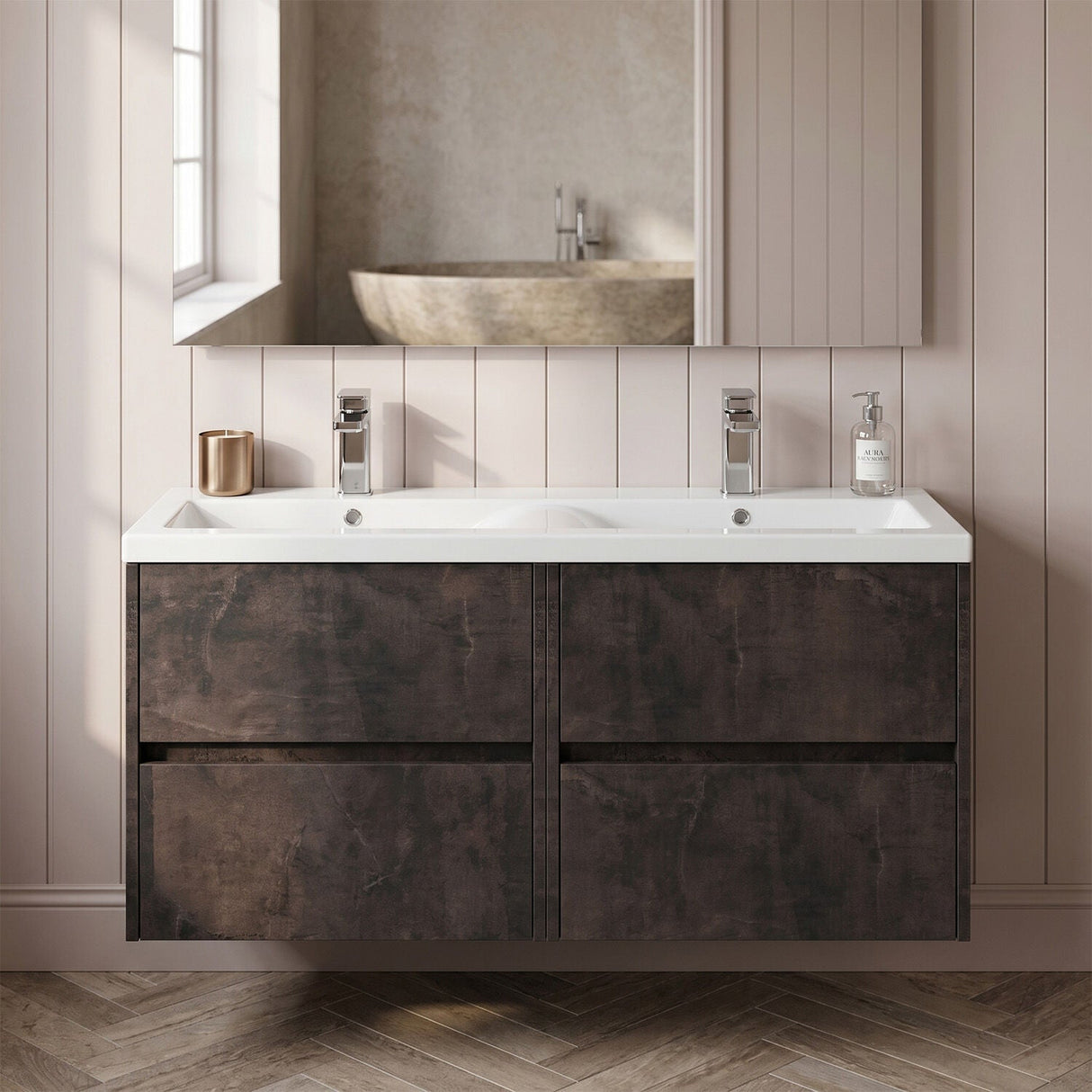 [BFED2604F] Chartley Contemporary 4 Drawer Wall Hung Vanity Unit with Double Basin, 1200mm, Choice of Colour - Silo