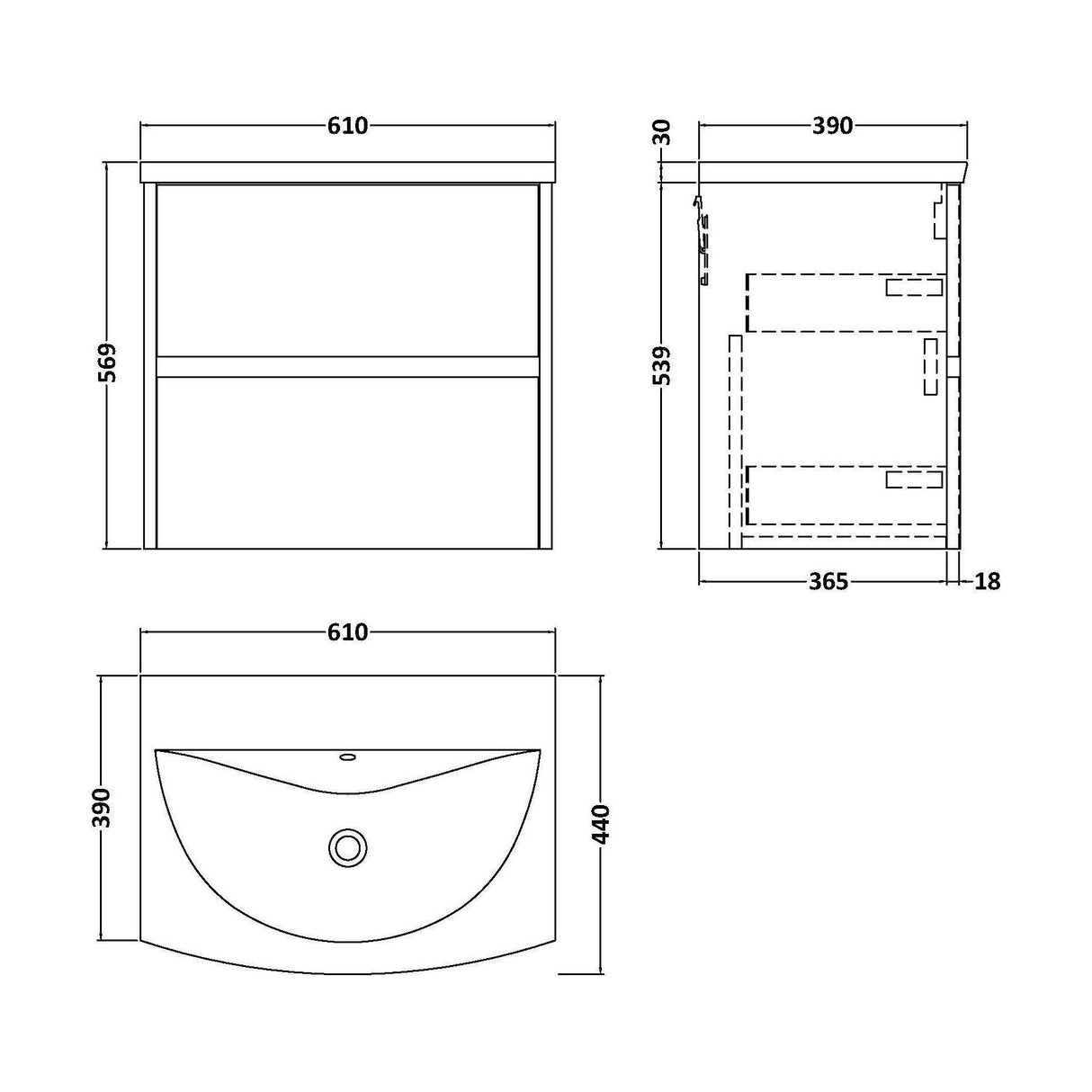 [BFED2604G] Chartley Contemporary 2 Drawer Wall Hung Vanity Unit with Curved Basin, Metallic Slate, 600mm - Technical Drawing