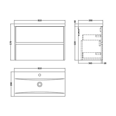 [BFED2606A] Square Wall Hung 2 Drawer Vanity Unit & Ceramic Basin, 800mm - Textured Matt Metallic Slate - Technical Drawing