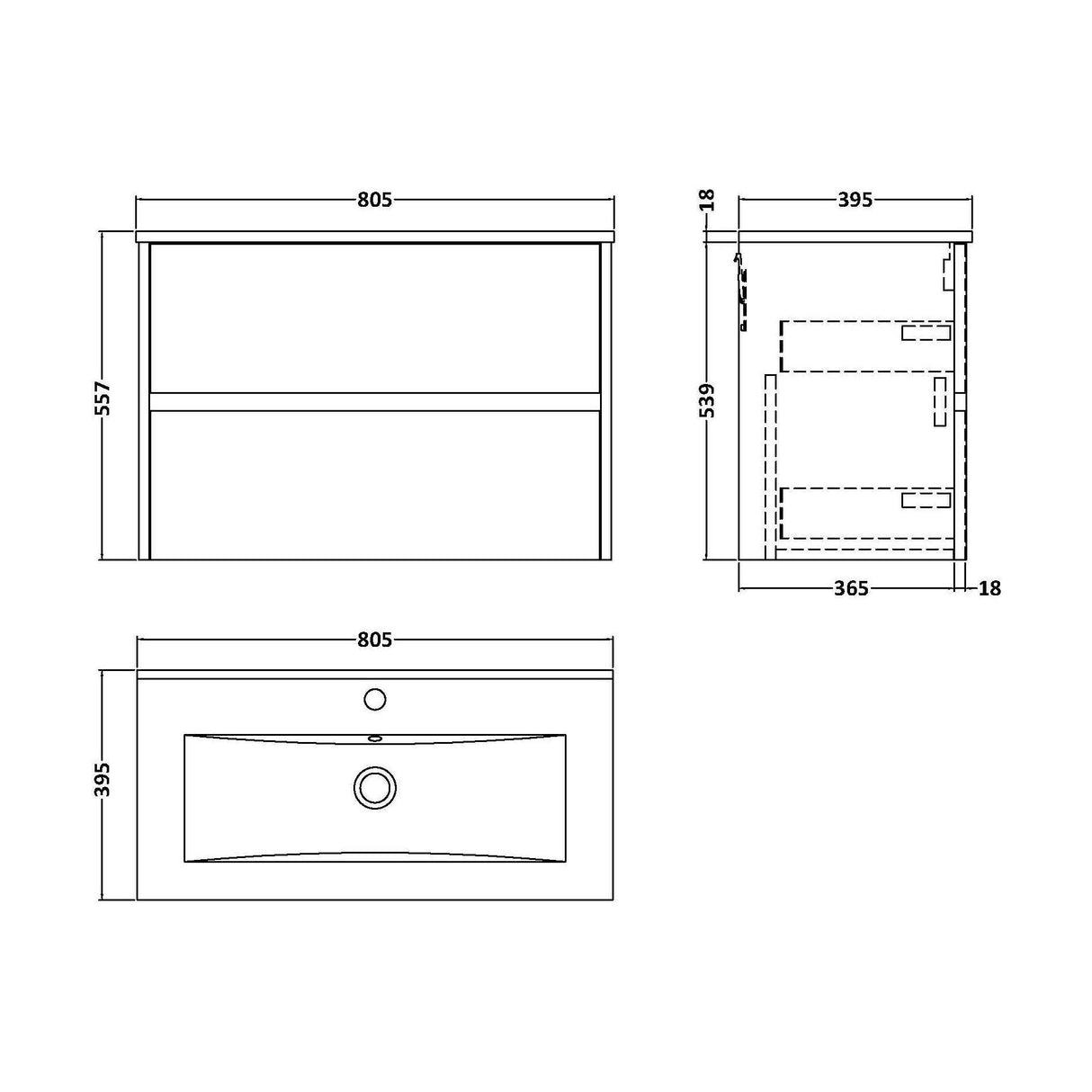 [BFED2606B] Chartley Contemporary 2 Drawer Wall Hung Vanity Unit with Minimalist Basin, Metallic Slate, 800mm - Technical Drawing