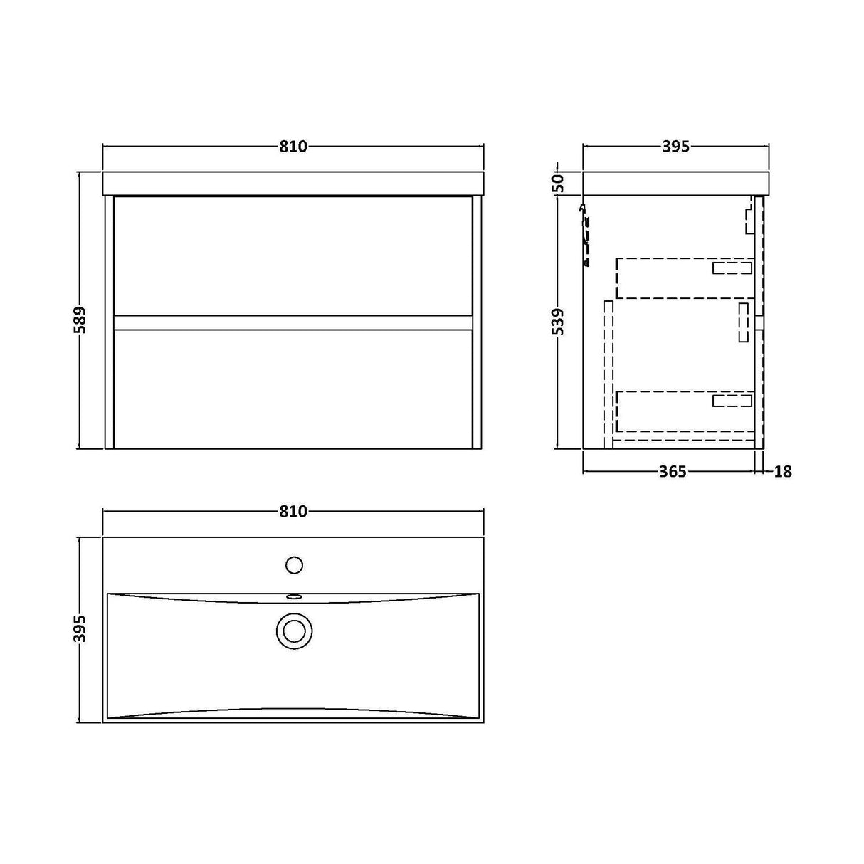 [BFED2606D] Chartley Contemporary 2 Drawer Wall Hung Vanity Unit with Thin Edge Basin, Metallic Slate, 800mm - Technical Drawing