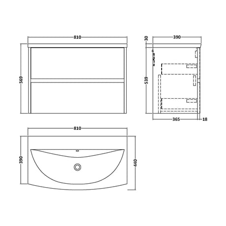 [BFED2606G] Chartley Contemporary 2 Drawer Wall Hung Vanity Unit with Curved Basin, Metallic Slate, 800mm - Technical Drawing