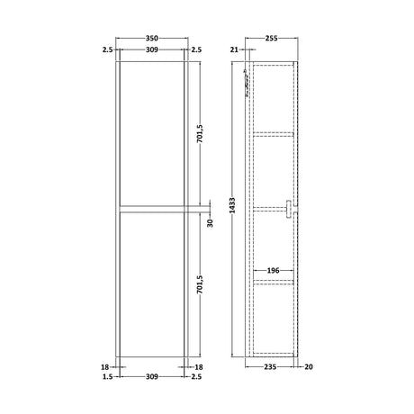 [BFED2662] Square Wall Hung 2 Door Tall Bathroom Unit, 350mm - Textured Matt Metallic Slate - Technical Drawing