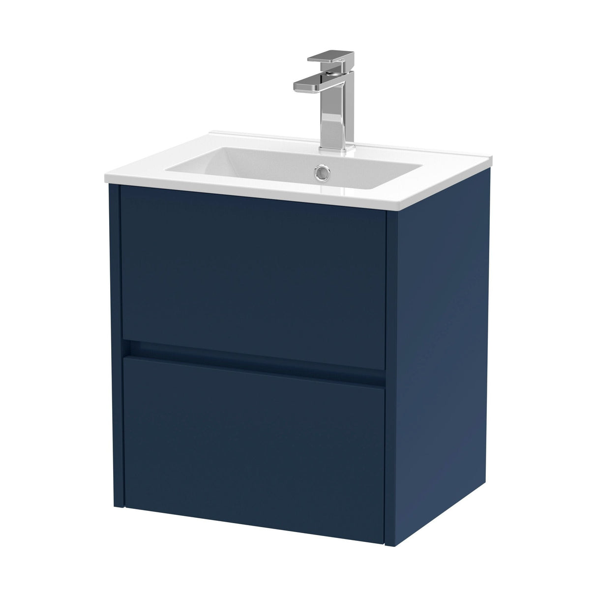 [BFED2902B] Chartley Contemporary 2 Drawer Wall Hung Vanity Unit with Minimalist Basin, Midnight Blue, 500mm - Cutout