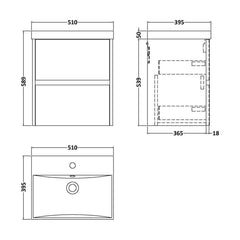 [BFED2902D] Chartley Contemporary 2 Drawer Wall Hung Vanity Unit with Thin Edge Basin, Midnight Blue, 500mm - Technical Drawing