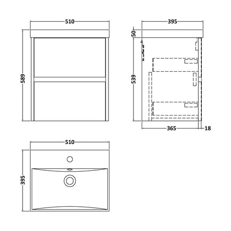 [BFED2902D] Chartley Contemporary 2 Drawer Wall Hung Vanity Unit with Thin Edge Basin, Midnight Blue, 500mm - Technical Drawing