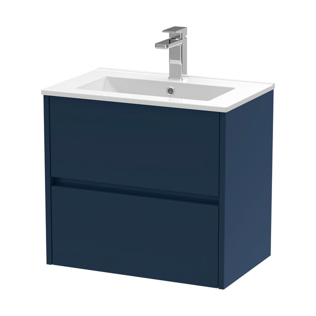 [BFED2904B] Chartley Contemporary 2 Drawer Wall Hung Vanity Unit with Minimalist Basin, Midnight Blue, 600mm - Cutout