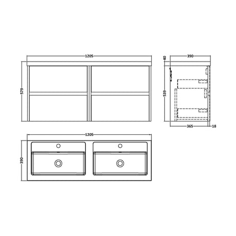 [BFED2904C] Chartley Contemporary 4 Drawer Wall Hung Vanity Unit with Double Basin, Midnight Blue, 1200mm - Technical Drawing