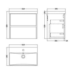 [BFED2904D] Chartley Contemporary 2 Drawer Wall Hung Vanity Unit with Thin Edge Basin, Midnight Blue, 600mm - Technical Drawing