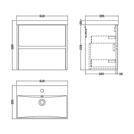 [BFED2904D] Chartley Contemporary 2 Drawer Wall Hung Vanity Unit with Thin Edge Basin, Midnight Blue, 600mm - Technical Drawing