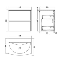 [BFED2904G] Chartley Contemporary 2 Drawer Wall Hung Vanity Unit with Curved Basin, Midnight Blue, 600mm - Technical Drawing