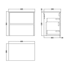 [BFED2904LCM] Chartley Contemporary 2 Drawer Wall Hung Vanity Unit with Laminate Worktop, Midnight Blue, 600mm - Technical Drawing