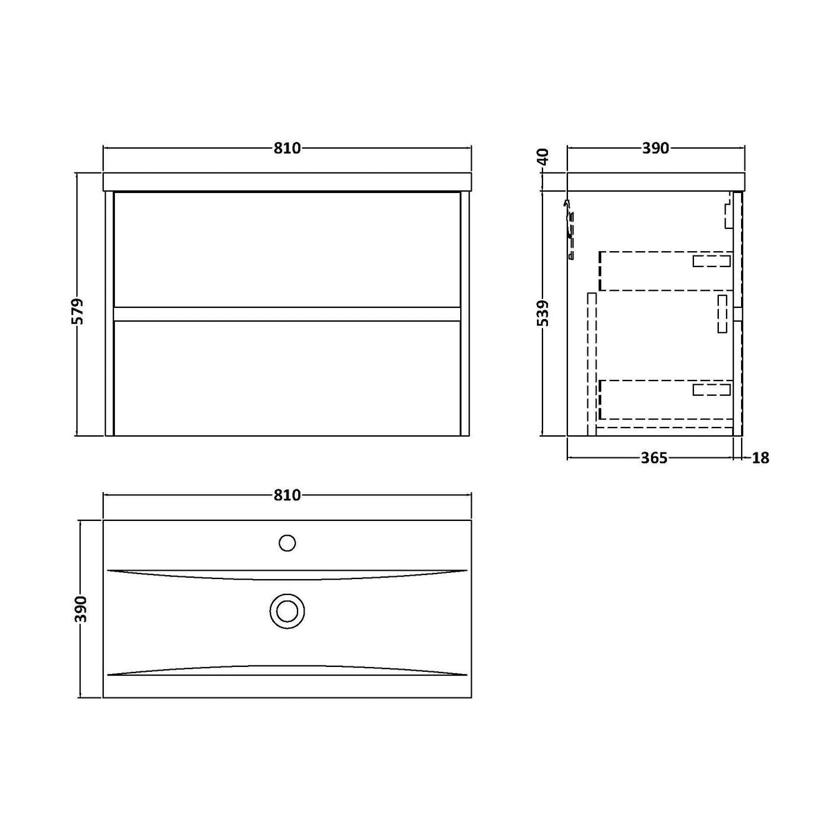 [BFED2906A] Square Wall Hung 2 Drawer Vanity Unit & Ceramic Basin, 800mm - Midnight Blue - Technical Drawing