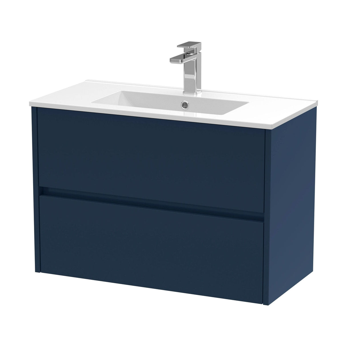 [BFED2906B] Chartley Contemporary 2 Drawer Wall Hung Vanity Unit with Minimalist Basin, Midnight Blue, 800mm - Cutout