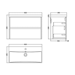 [BFED2906D] Chartley Contemporary 2 Drawer Wall Hung Vanity Unit with Thin Edge Basin, Midnight Blue, 800mm - Technical Drawing