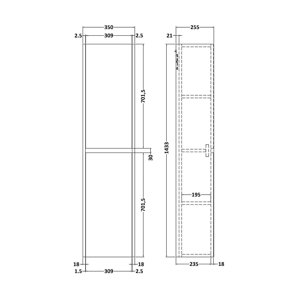 [BFED2962] Square Wall Hung 2 Door Tall Bathroom Unit, 350mm - Midnight Blue - Technical Drawing