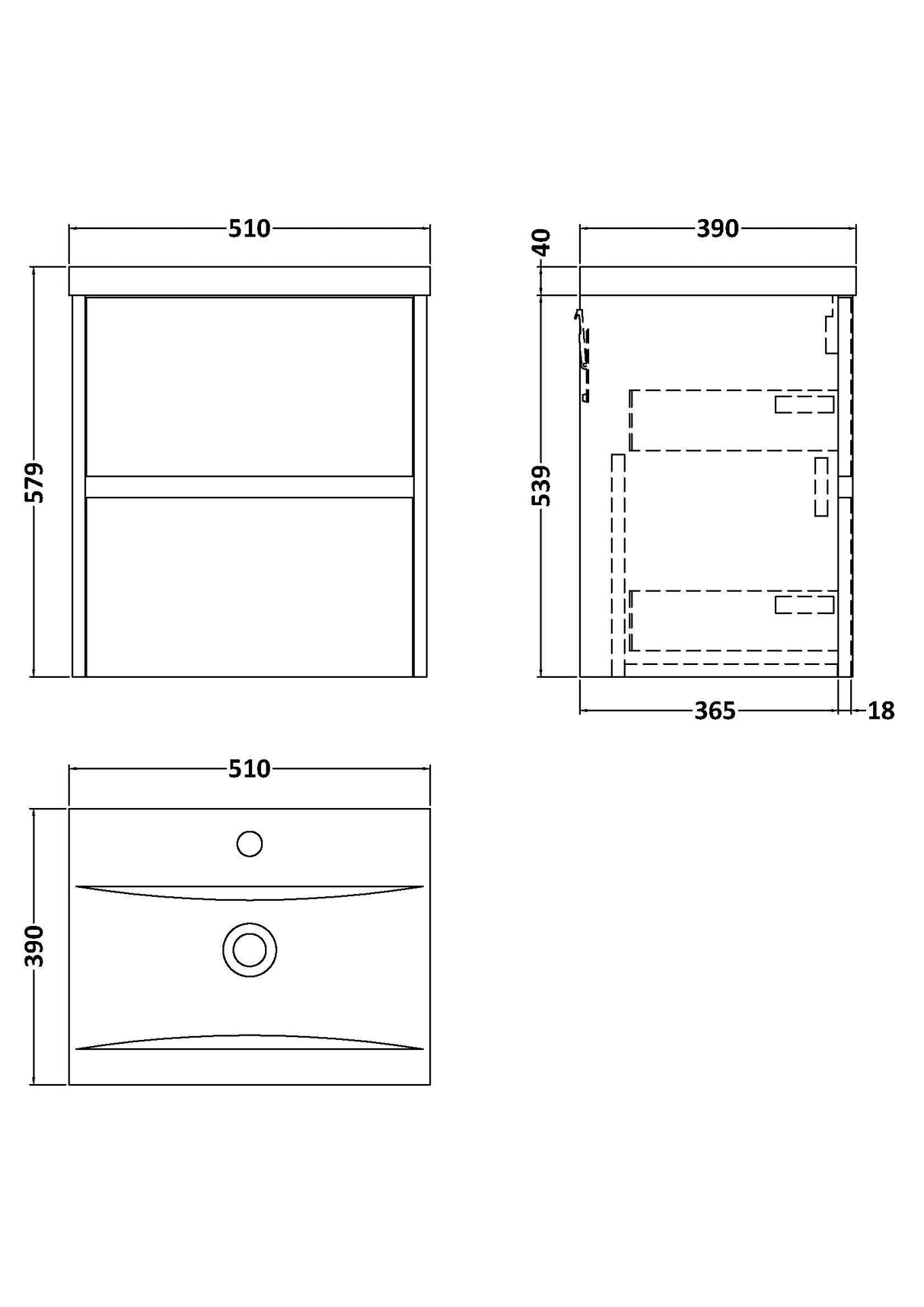 [BFED3302A] Chartley Edge Square Wall Hung 2 Drawer Vanity Unit & Ceramic Basin, 500mm, Choice of Finish - Technical Drawing