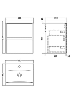[BFED3302A] Chartley Edge Square Wall Hung 2 Drawer Vanity Unit & Ceramic Basin, 500mm, Choice of Finish - Technical Drawing