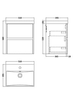 [BFED3302D] Chartley Contemporary 2 Drawer Wall Hung Vanity Unit with Thin Edge Basin, Choice of Size and Colour - Technical Drawing