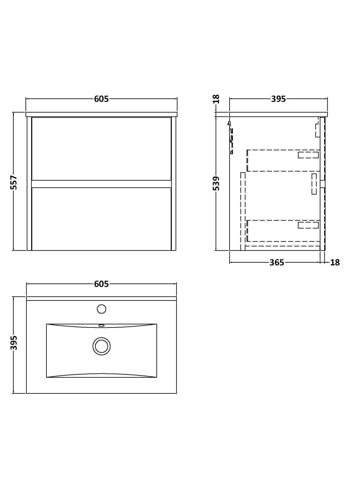 [BFED3304B] Chartley Contemporary 2 Drawer Wall Hung Vanity Unit with Minimalist Basin, Choice of Size and Colour - Technical Drawing