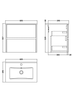 [BFED3304B] Chartley Contemporary 2 Drawer Wall Hung Vanity Unit with Minimalist Basin, Choice of Size and Colour - Technical Drawing