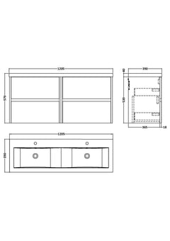 [BFED3304F] Chartley Contemporary 4 Drawer Wall Hung Vanity Unit with Double Basin, 1200mm, Choice of Colour - Technical Drawing