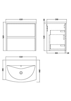 [BFED3304G] Chartley Contemporary 2 Drawer Wall Hung Vanity Unit with Curved Basin, Choice of Size and Colour - Technical Drawing