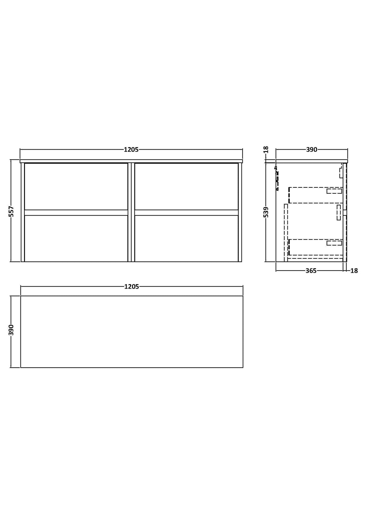 [BFED3304W2] Chartley Contemporary 4 Drawer Handleless Wall Hung Vanity Unit with Worktop, 1200mm, Choice of Colour - Technical Drawing