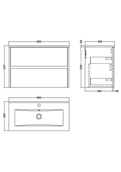 [BFED3306B] Chartley Contemporary 2 Drawer Wall Hung Vanity Unit with Minimalist Basin, Choice of Size and Colour - Technical Drawing