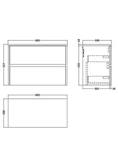[BFED3306W] Chartley Contemporary 2 Drawer Wall Hung Vanity Unit with Worktop, Choice of Size and Colour - Technical Drawing
