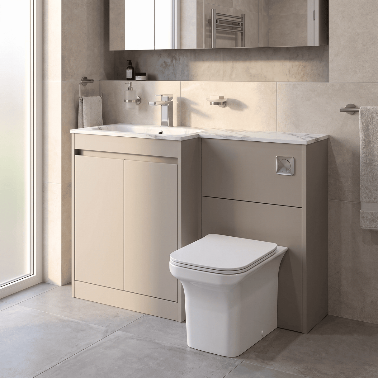 [BFED3313L] Chartley Contemporary Floor Standing 2 Door Vanity Basin WC Combination Unit, Carrera Marble Basin, 1100mm, Choice of Colour - Lifestyle 1