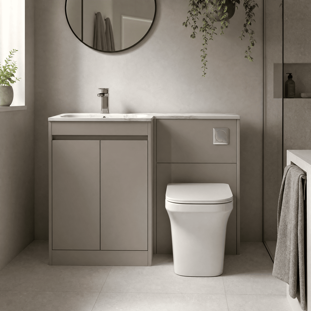 [BFED3313L] Chartley Contemporary Floor Standing 2 Door Vanity Basin WC Combination Unit, Carrera Marble Basin, 1100mm, Choice of Colour - Lifestyle 2