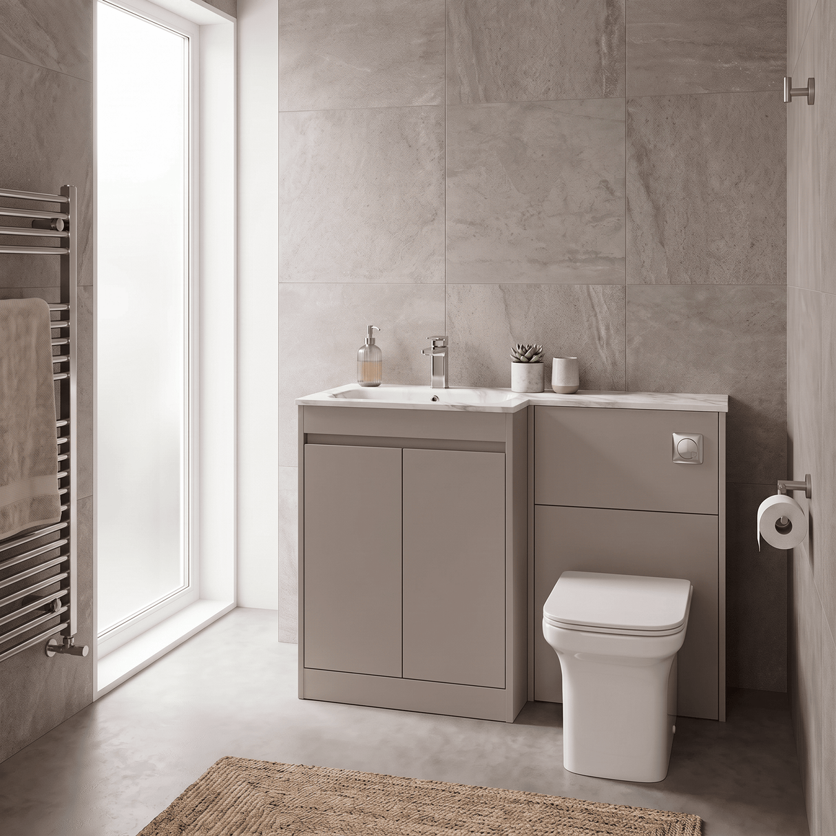 [BFED3313L] Chartley Contemporary Floor Standing 2 Door Vanity Basin WC Combination Unit, Carrera Marble Basin, 1100mm, Choice of Colour - Lifestyle 3