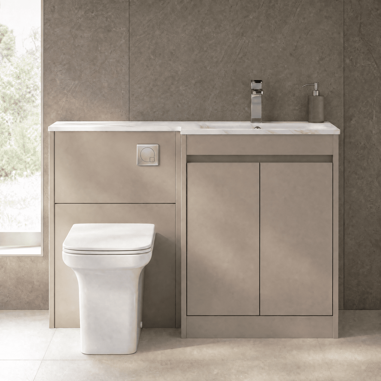 [BFED3313R] Chartley Contemporary Floor Standing 2 Door Vanity Basin WC Combination Unit, Carrera Marble Basin, 1100mm, Choice of Colour - Silo