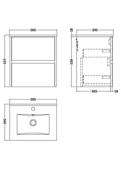 [BFED3402B] Chartley Contemporary 2 Drawer Wall Hung Vanity Unit with Minimalist Basin, Choice of Size and Colour - Technical Drawing